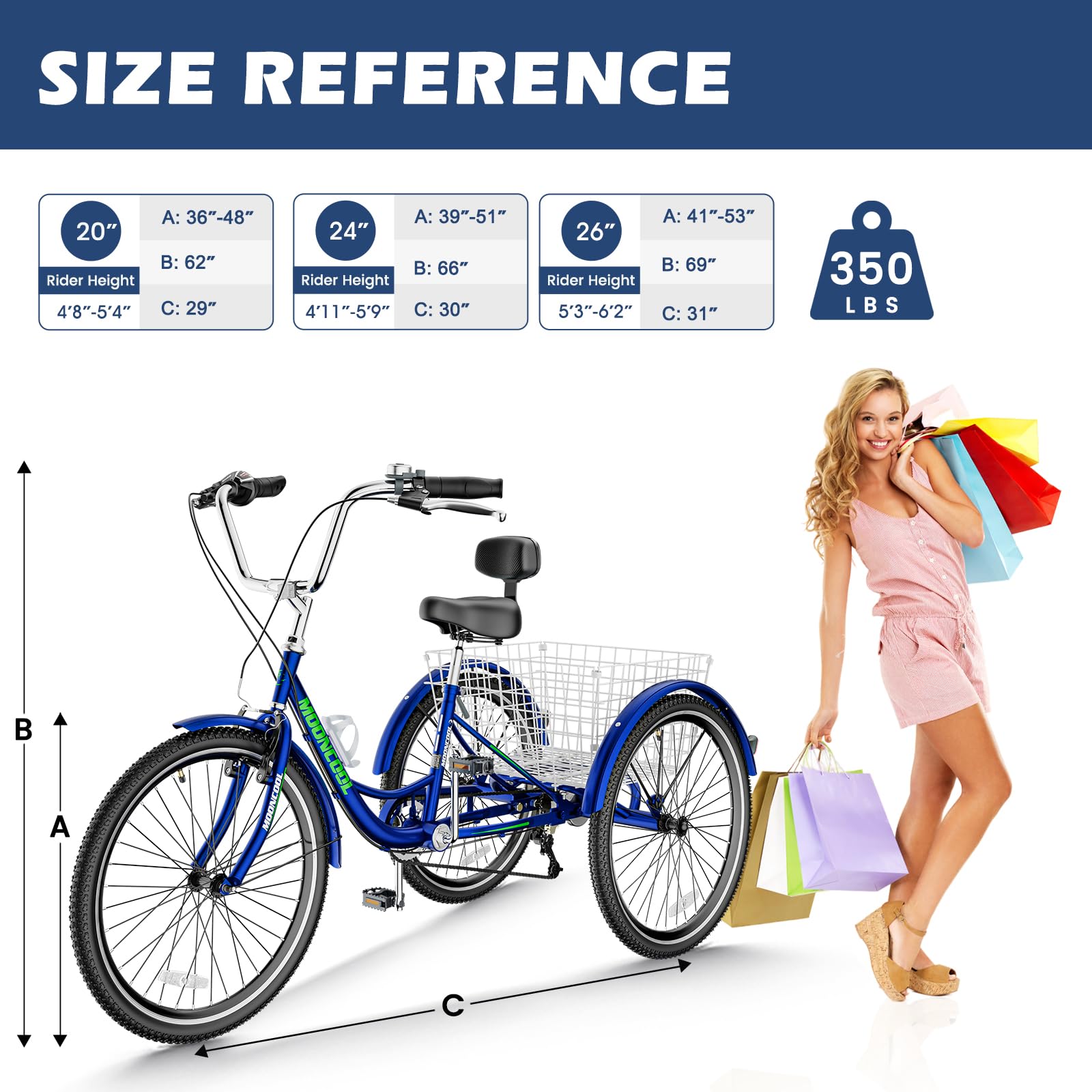 Barbella Adult Tricycle 7 Speed 3 Wheel Bike Adult Trikes, Three-Wheeled Bicycles Cruise Trike with Basket for Seniors, Women, Men for Recreation Shopping (26", Blue)