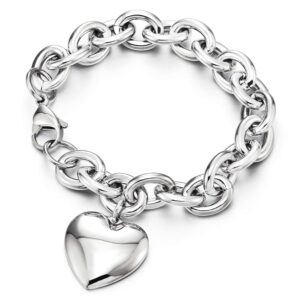 coolsteelandbeyond womens stainless steel rolo chain bracelet with dangling puff heart, high polished