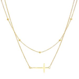 ELBLUVF Stainless Steel Gold Rose Gold Silver Plated Dainty Beads Sideways Cross Double Layers Necklace For Women (Gold 2 layers cross)