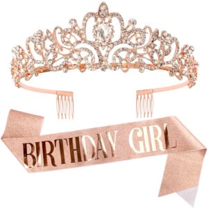 Birthday Crowns for Women, Didder Crystal Tiara & Birthday Girl Sash, Rose Gold Tiaras and Crown for Women Girls Princess Elegant Crown with Combs Glitter Sash Kit For Bridal Wedding Prom Party