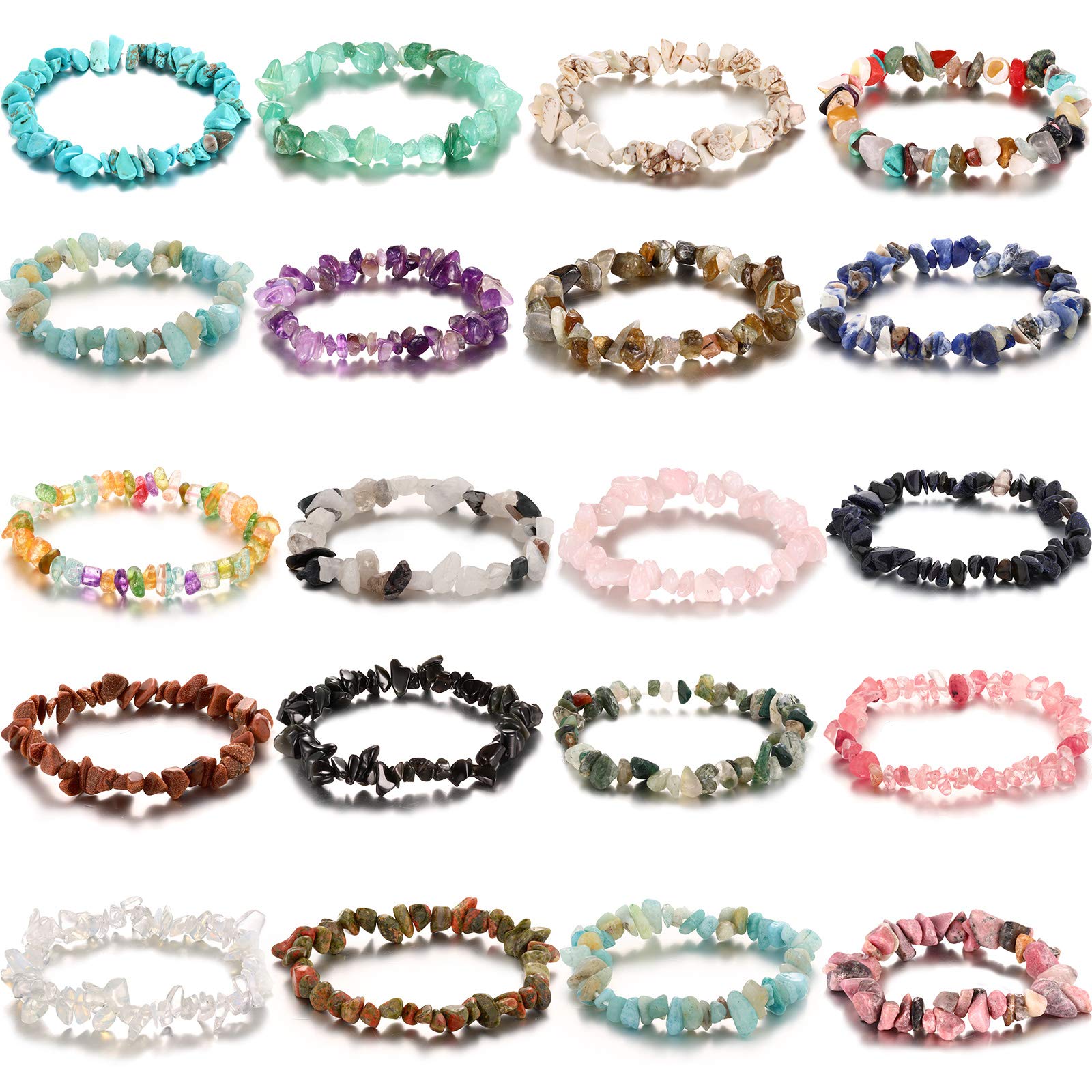 Hicarer 20 Pieces Crystal Chip Bracelets Bulk Natural Gemstone Chakra Bracelets Crystal Stretch Chip Stones Bracelets for Women Reiki Yoga Anxiety