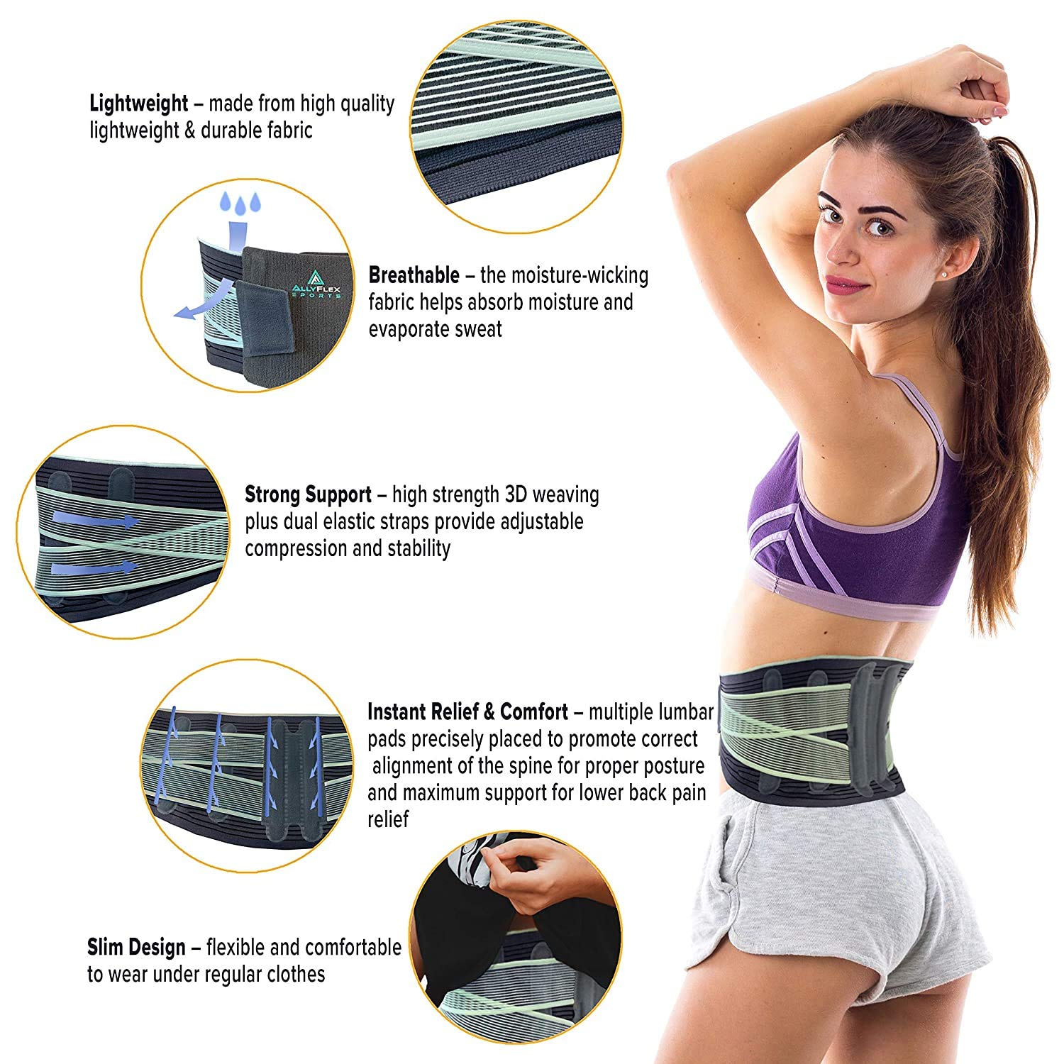 AllyFlex Sports® Lumbar Support - Back Brace For Men & Women Ergonomic Design and Lightweight Breathable Material Provide Back Support and Pain Relief for Waist - XS/S (25.0'' - 31.5'')