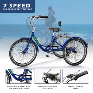 Barbella Adult Tricycle 7 Speed 3 Wheel Bike Adult Trikes, Three-Wheeled Bicycles Cruise Trike with Basket for Seniors, Women, Men for Recreation Shopping (26", Blue)