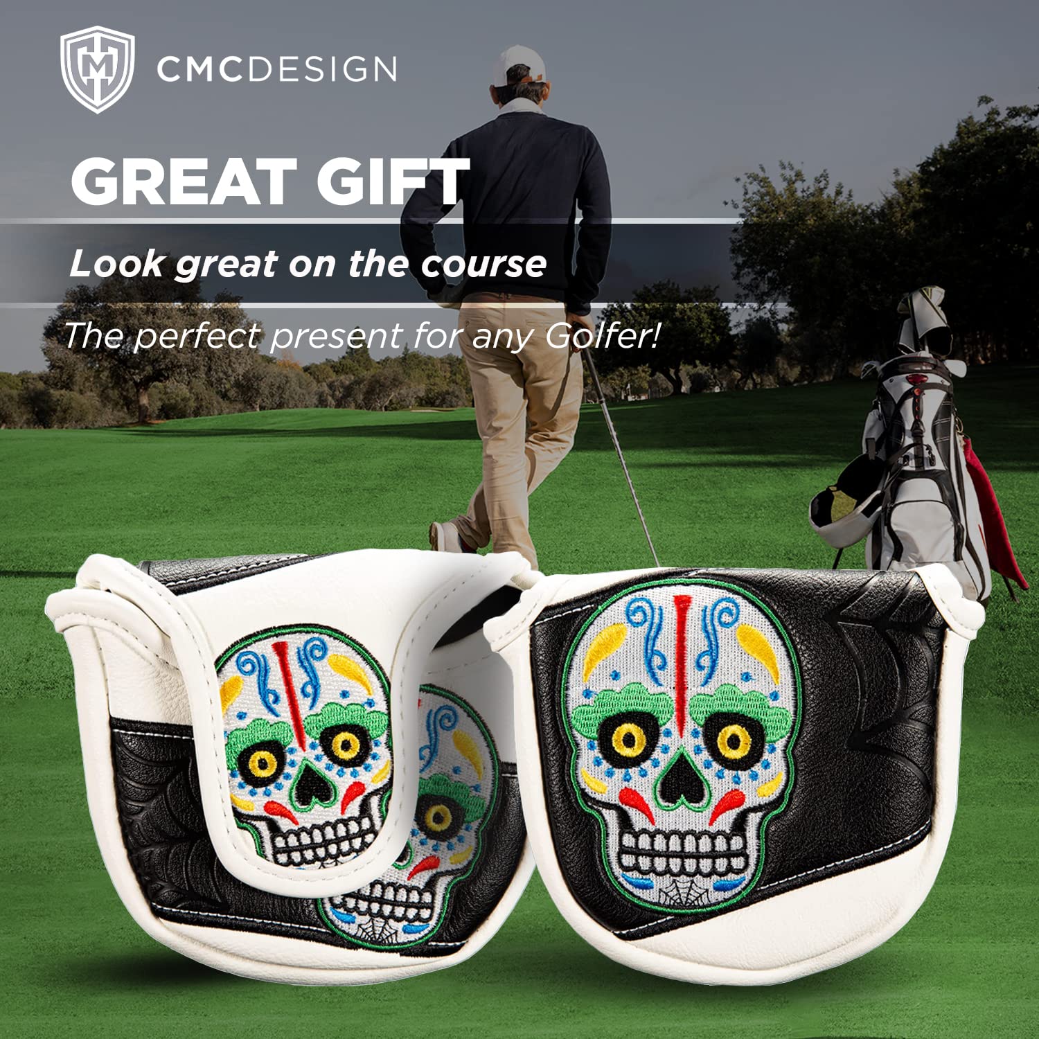 CMC Design Golf Mallet Head Cover - Custom Sugar Skull with Web Embroidered Golf Driver - Premium Faux Leather, Beautiful Design Elements & Soft Protective Lining – Great Fit for Any Mallet & Golfer