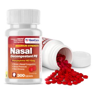 gencare - nasal decongestant (10mg tablets) phenylephrine hcl (300 tablets per bottle) | value pack non drowsy sinus and nasal congestion relief | lower sinus pressure due to allergies or illness