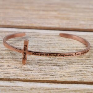 When You Go Through Deep Waters I Will Be With You Isaiah 43:2 Religious Rose Gold Bracelets for Women Christian Cross Cuff Baptism Faith Bible Verse Jewelry Gift