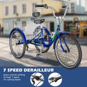 Barbella Adult Tricycle 7 Speed 3 Wheel Bike Adult Trikes, Three-Wheeled Bicycles Cruise Trike with Basket for Seniors, Women, Men for Recreation Shopping (26", Blue)