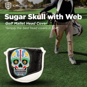 CMC Design Golf Mallet Head Cover - Custom Sugar Skull with Web Embroidered Golf Driver - Premium Faux Leather, Beautiful Design Elements & Soft Protective Lining – Great Fit for Any Mallet & Golfer