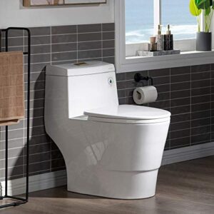 WOODBRIDGEE One Piece Toilet with Soft Closing Seat, Chair Height, 1.28 GPF Dual, Water Sensed, 1000 Gram MaP Flushing Score Toilet with Brushed Gold Button T0001-BG, White