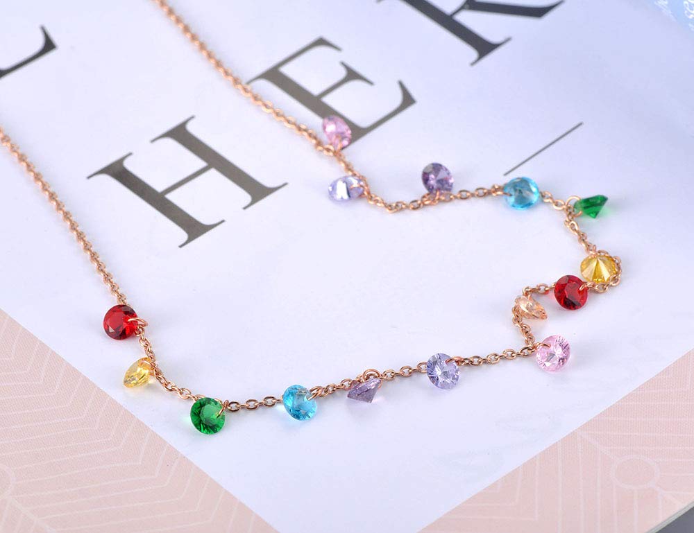 Lokaerlry Trendy Boho Stainless Steel Colorful CZ Crystal Rainbow Choker Necklaces for Women, Dainty Rhinestone Beaded 14k Gold Chain Layering Necklace