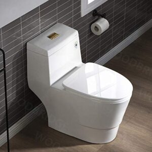 WOODBRIDGEE One Piece Toilet with Soft Closing Seat, Chair Height, 1.28 GPF Dual, Water Sensed, 1000 Gram MaP Flushing Score Toilet with Brushed Gold Button T0001-BG, White