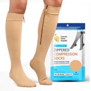 Zipper Compression Socks for Women and Men Closed Toe 20-30 mmhg Medical Zippered Compression Socks with Zip Guard for Skin Protection - Large, Beige