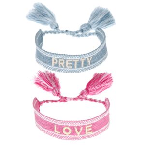 colorful bling 2pcs handmade friendship wrap bracelet set vintage woven lucky knitted word adjustable braided bracelets for women girls gift-love+pretty