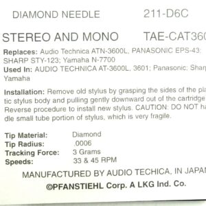 Pfanstiehl Phonograph Needle For Audio Technica AT3600L ATN3601 Panasonic EPC-36, EPS-43, 75SMHD, EPS-43STSD, EPS-75STHSD, Sharp STY-123, Yamaha N-7700