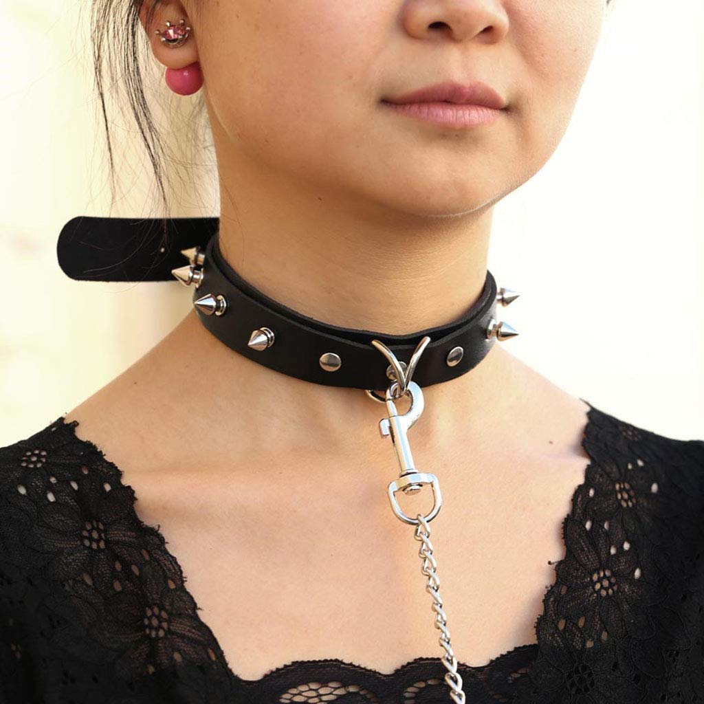 Daimay Leather Goth Choker Collar Circle Choker Necklace PU Punk Rock Collar Adjustable Size with Pulling Chain - Black with Rivet