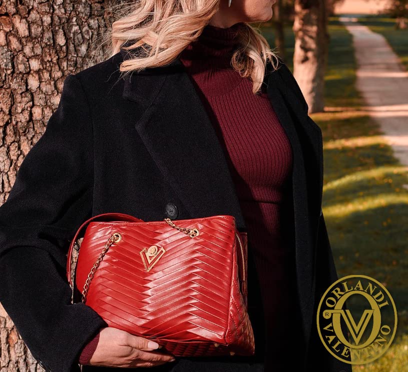 Valentino Orlandi Medium Purse Tote Wavy Pleated Burgundy Leather Italian Designer Bag w/Chain