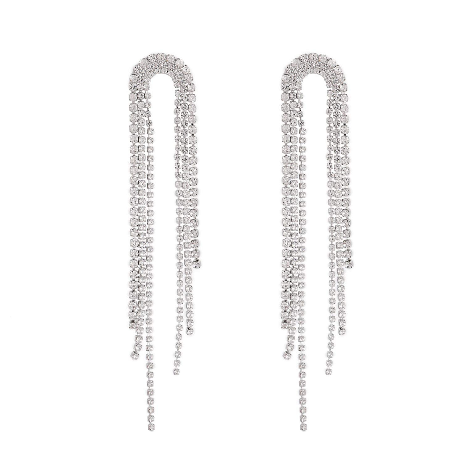 GBAHFY Fashion Long Tassel Crystal Drop Earrings for Women Geometric Full Rhinestone Earrings Statement Jewelry Gifts (Long Tassel Crystal Drop Earrings-Silver)