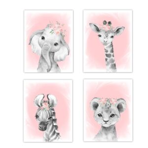 Baby Girl Nursery Wall Art Blush Floral Crown Safari Animals Elephant Giraffe Lion Zebra Decor 4 UNFRAMED PRINTS