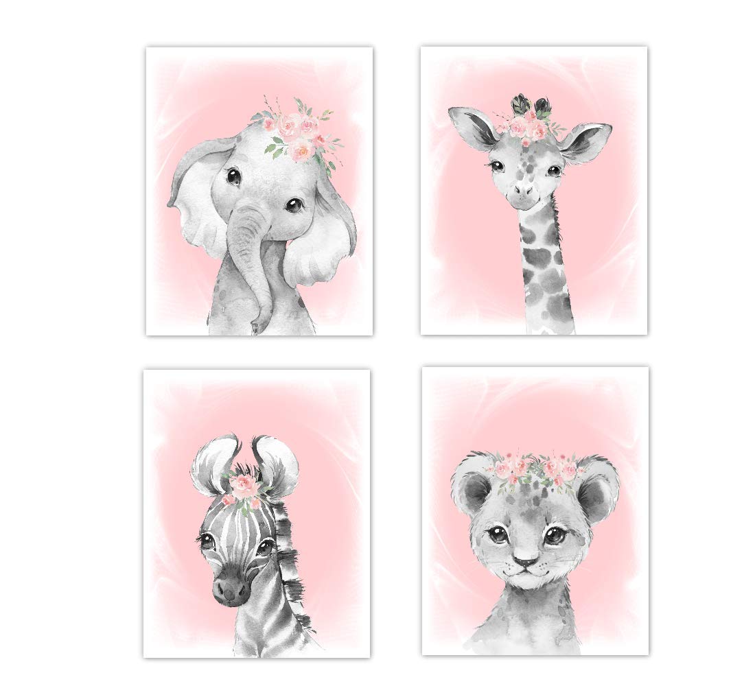 Baby Girl Nursery Wall Art Blush Floral Crown Safari Animals Elephant Giraffe Lion Zebra Decor 4 UNFRAMED PRINTS