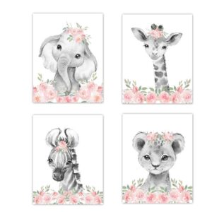 Baby Girl Nursery Wall Art Blush Floral Crown Safari Animals Elephant Giraffe Lion Zebra Decor 4 UNFRAMED PRINTS