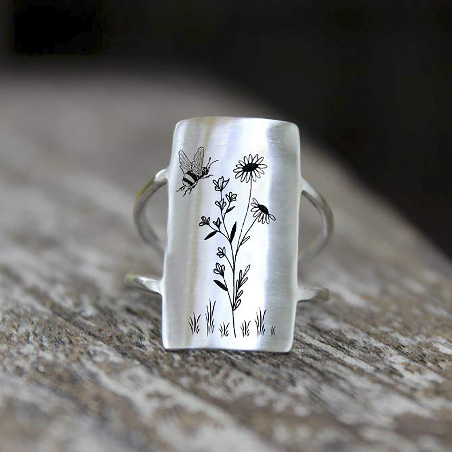 SIMONLY S925 Sterling Silver Flower Ring Butterfly Bee Dragonfly Ring Jewelry Wildflower Ring Gift For Nature Lovers (bee, 9)