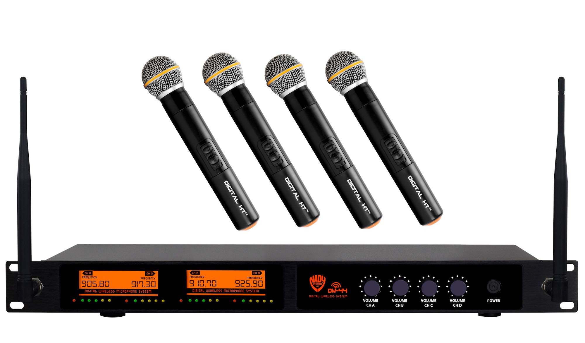 Nady DW-44 Quad Digital Wireless Handheld Microphone System Ultra-Low Latency with QPSK Modulation - Four XLR and Mixed 1/4" outputs - Fixed Frequency