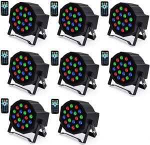 missyee 18 rgb led dj stage uplight -dmx control sound activated with remote control and 7 modes led for wedding, events, christmas and halloween music disco party -r&d in usa -8 pack