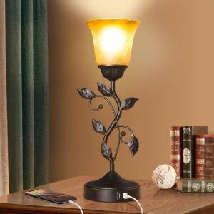 Touch Control Table Lamp with 2 USB Charging Ports, 3-Way Dimmable Bedside Nightstand Lamps, Amber Glass Shade Vintage Rural Leaf Lamp for Living Room, Bedroom, Dresser, LED Bulb Included (Bronze)