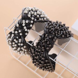 Pearly Knotted Women Headband Luxury Jeweled Leather Beaded Embellished Top Hairband Fashion Elegant Ladies Hair Band