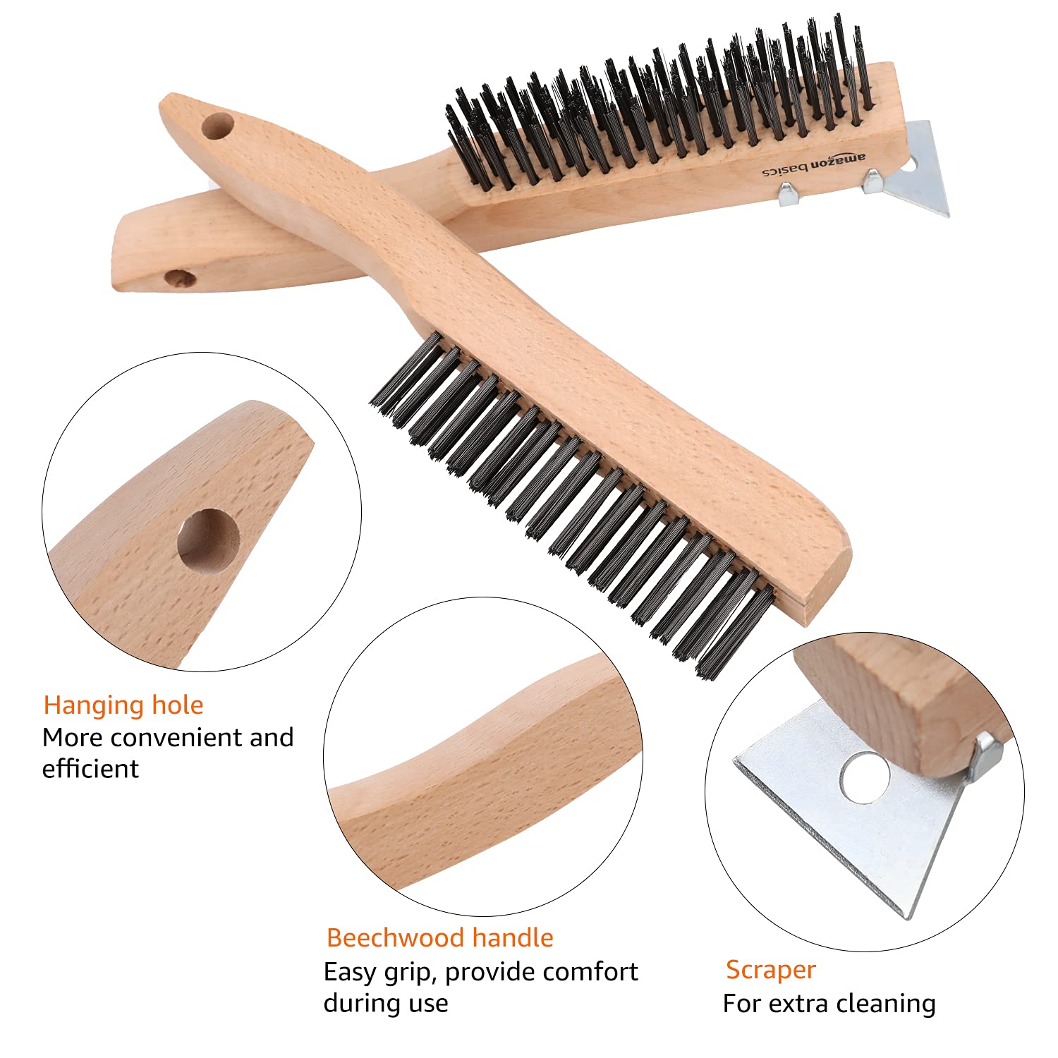 Amazon Basics Wire Scratch Brush with Scraper, Count of 2, Wood Natural Color, 10"L x 1.7"W