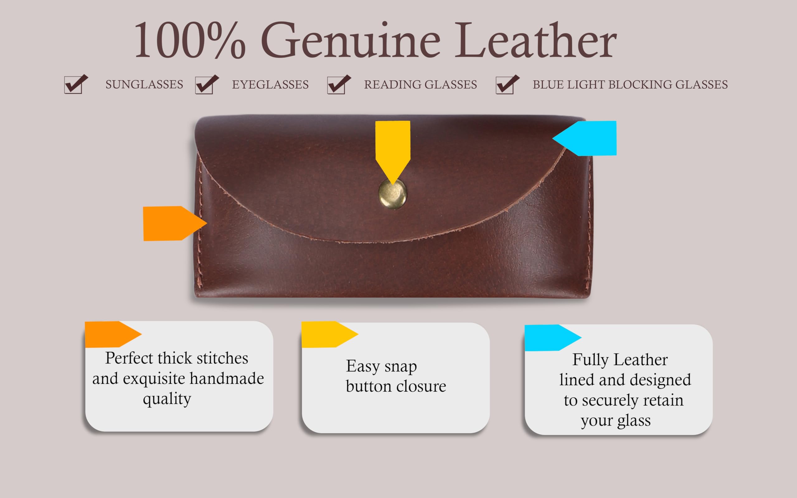 The Antiq Tan Genuine Leather Eyeglasses Case, Premium Quality, Semi-Hard, Magnetic Closure, Unisex