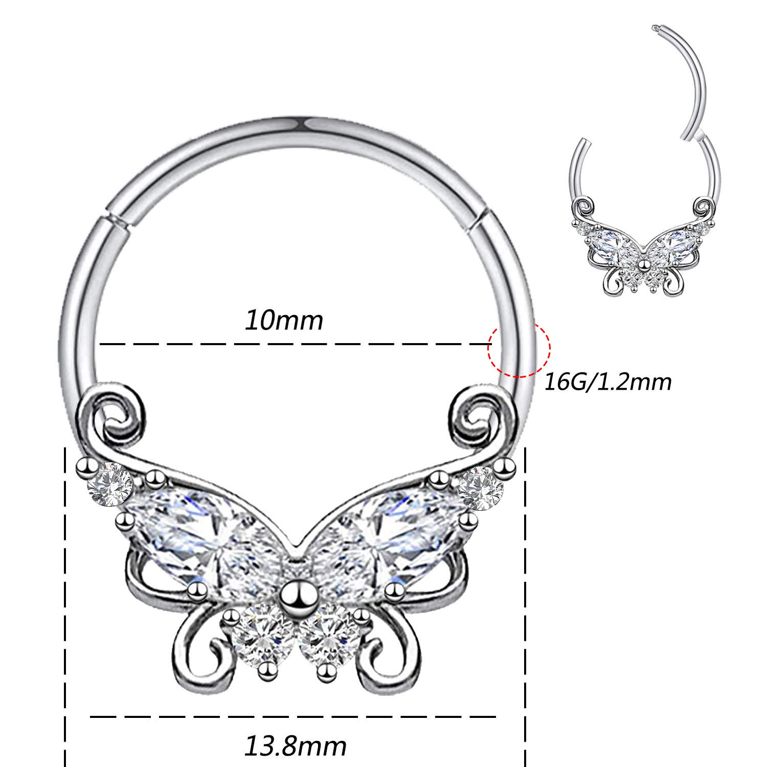 CHARM ONLINE 16G 316L Stainless Steel Daith Earrings Hoop Butterfly Nose Ring Septum Hoop Hinged Segment Clicker Daith Clicker Helix Ear Piercing Tragus Conch Piercing Jewelry