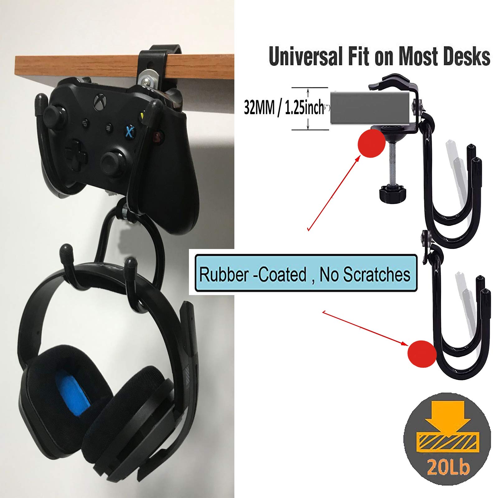 Pmsanzay Universal Game Controller & Headphone Hanger Holder with Adjustable & Rotating Arm Clamp, Under Desk Design,for Xbox One PS4 Switch Pro - NO Game Controller & Headphone - No Falling