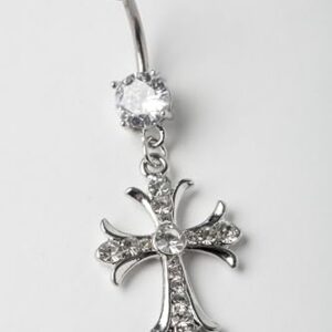 Pierced Owl 14G 316L Surgical Steel Celtic Cross with Paved Gems Dangling Belly Button Ring (Silver Tone)