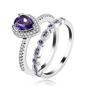 n/c 2pcs stacking rings set, crystal milgrain eternity wedding band & purple teardrop halo ring engagement promise (size 9)