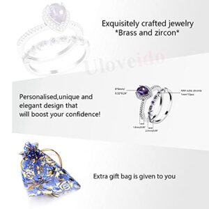 N/C 2pcs Stacking Rings Set, Crystal Milgrain Eternity Wedding Band & Purple Teardrop Halo Ring Engagement Promise (size 9)