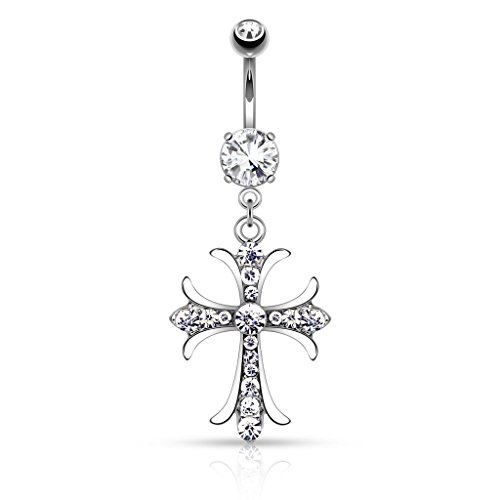 Pierced Owl 14G 316L Surgical Steel Celtic Cross with Paved Gems Dangling Belly Button Ring (Silver Tone)