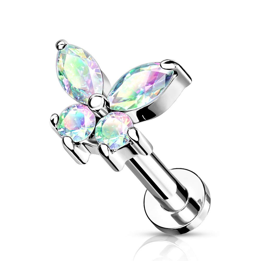 Pierced Owl 16G Stainless Steel Internally Threaded CZ Crystal Butterfly Top Flat Back Lip Cartilage Tragus Stud (Silver Tone/Aurora Borealis, Bar Length: 8mm)