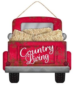 thresholds country living wooden sign with old red farm truck and hay 12 l x 11.5 h