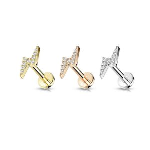 Pierced Owl 16G Stainless Steel Internally Threaded CZ Crystal Paved Lightning Bolt Top Flat Back Lip Cartilage Stud (Gold Tone, Bar Length: 6mm)