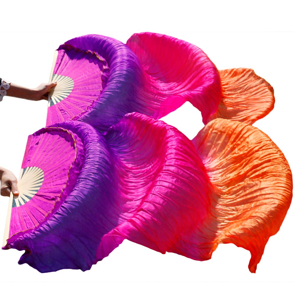 Nimiman Women 1 Pair (Left+Right) Silk Belly Dance Fan Veil Belly Dancing Long Folding Fans Length 150 cm Width 90 cm (Purple rose orange)