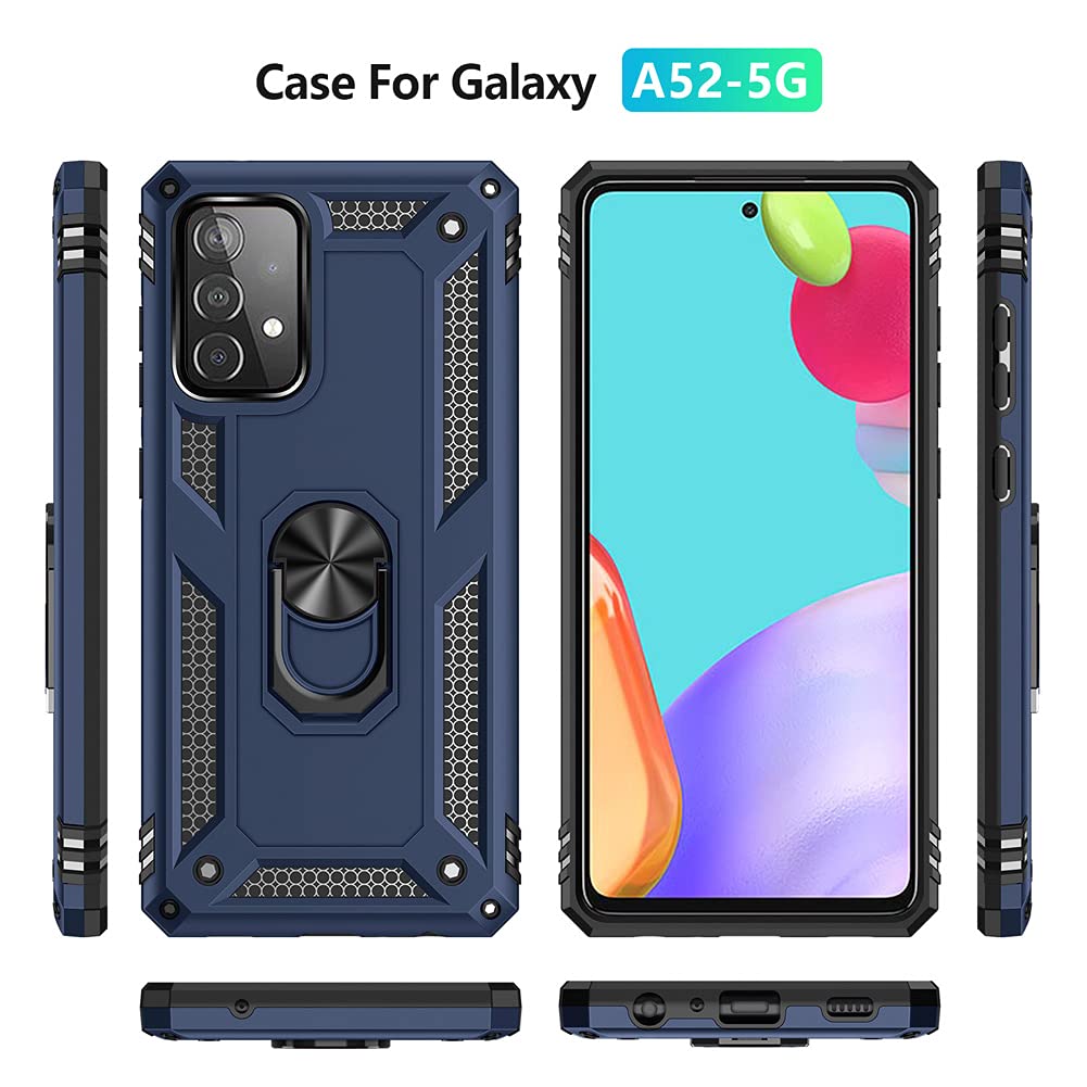 for Samsung A52 Case, Galaxy A52 Case with HD Screen Protector, Military-Grade Ring Holder Kickstand Car Mount 15ft Drop Tested Shockproof Cover Phone Case for Samsung Galaxy A52, Blue