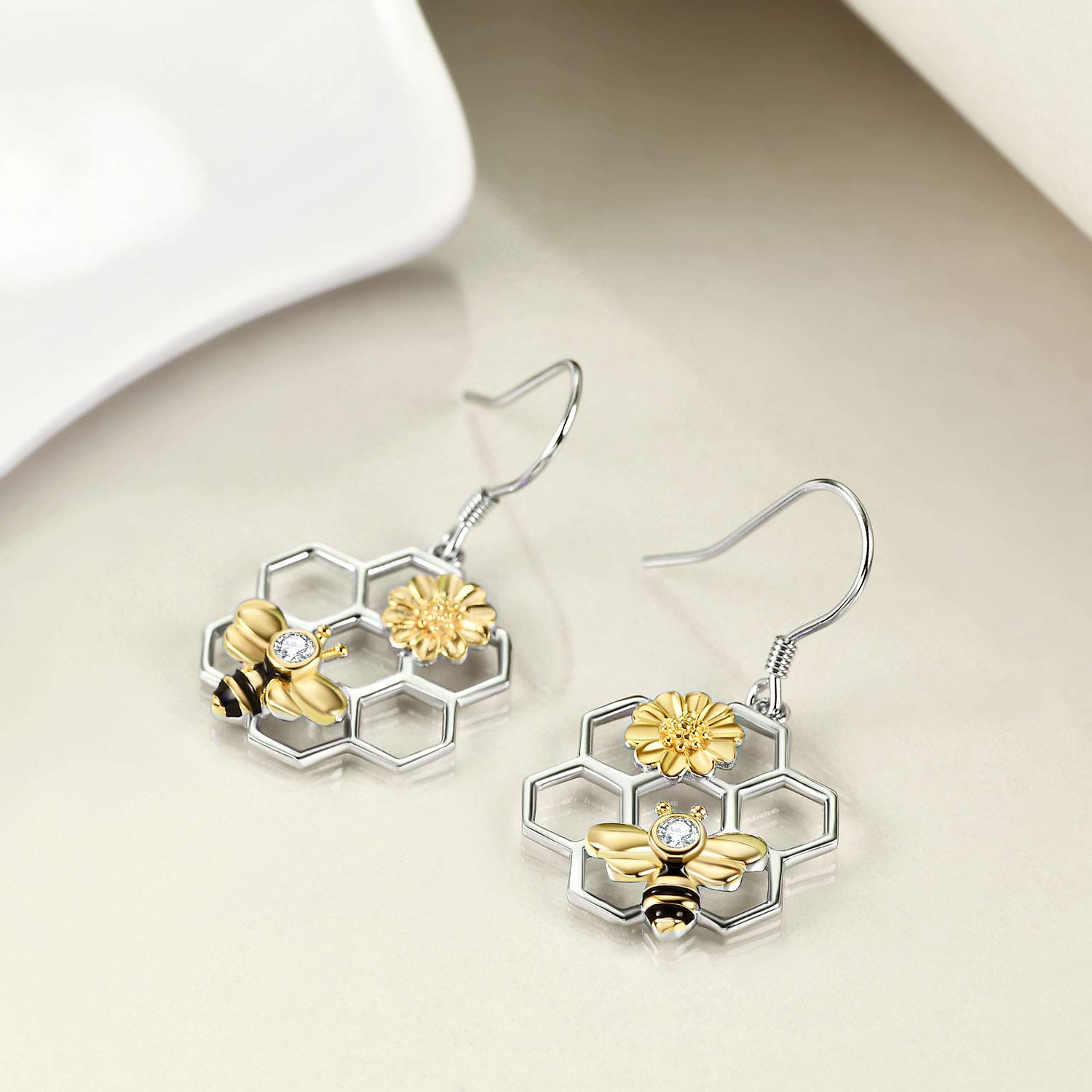 LUHE Honeycomb with Bee Stud Earrings 925 Sterling Silver Beehive and Bee Earrings for Women (bee earrings) (B-Bee earrings)