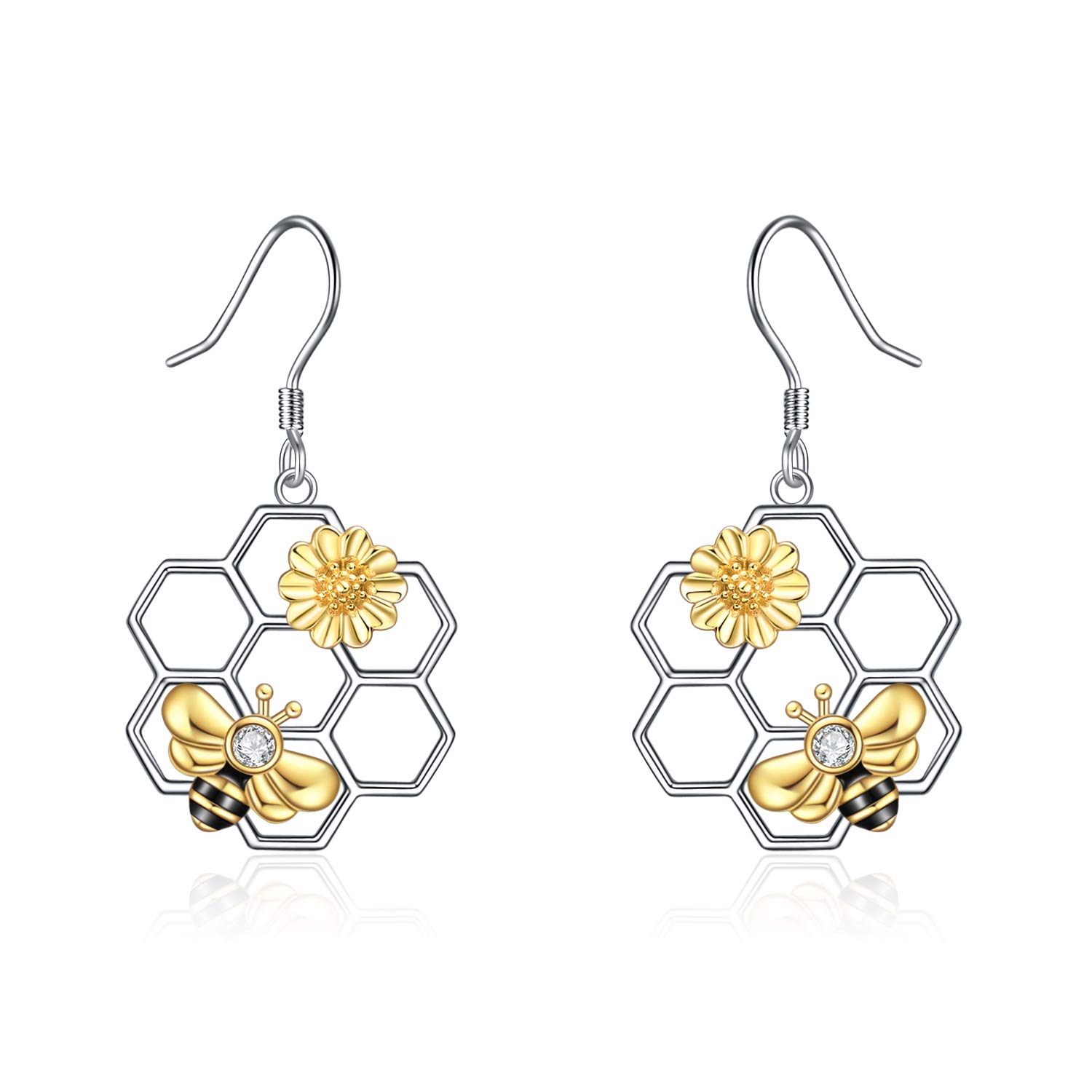 LUHE Honeycomb with Bee Stud Earrings 925 Sterling Silver Beehive and Bee Earrings for Women (bee earrings) (B-Bee earrings)