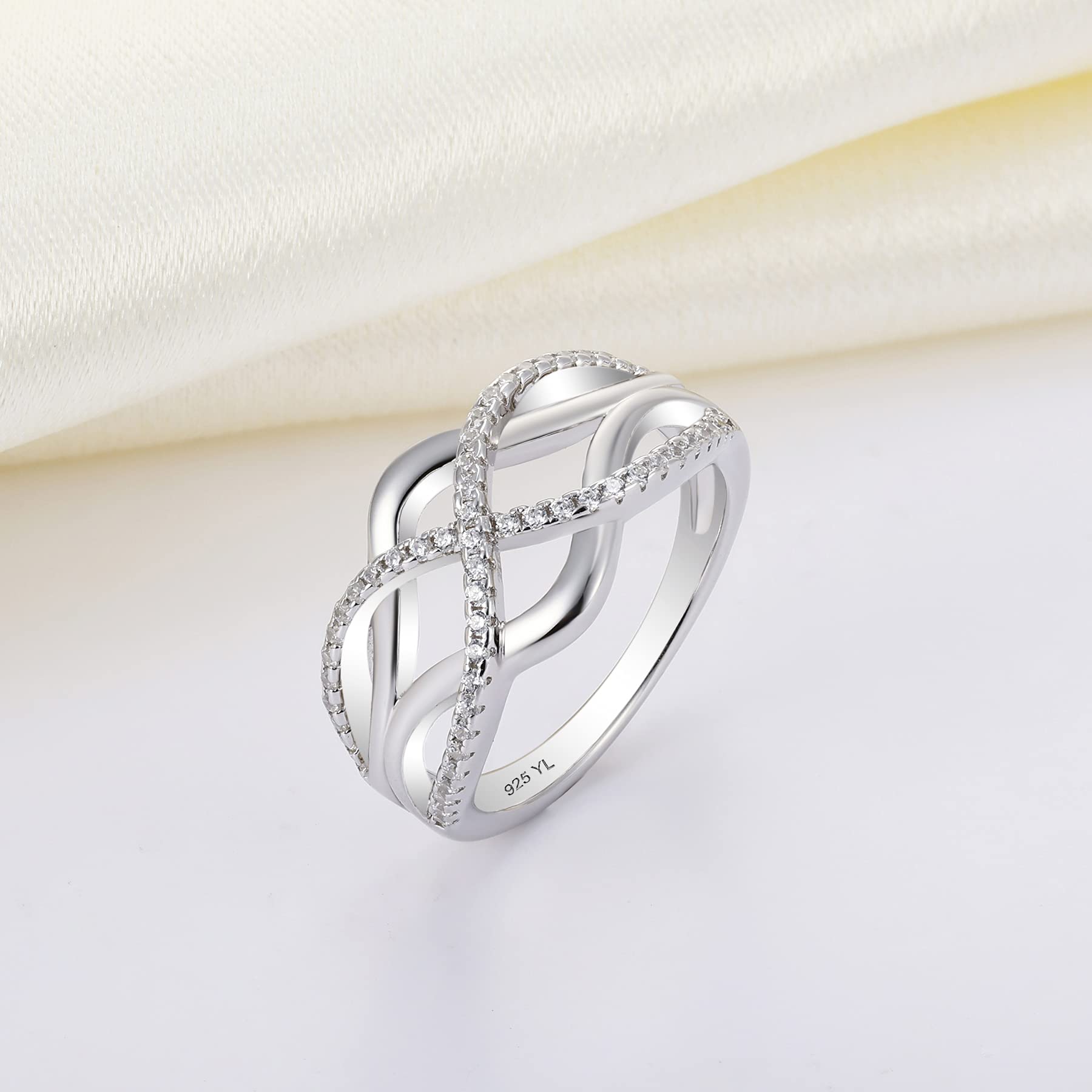 YL Celtic Knot Rings 925 Sterling Silver Twisted Knot Ring 18k White Gold Plated Cubic Zirconia Infinity Statement Rings for Women-size10