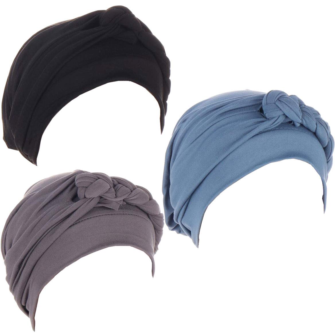 Lucky staryuan ® 3Pack Chemo Cancer Headwear for Women Soft Pre-Tied Twisted Braid Hair Cover Turban Headwear (Black Gray Light Blue)