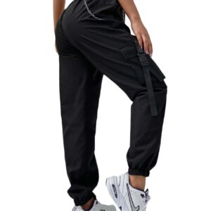 DIDK Women's High Waisted Flap Pocket Solid Jogger Cargo Pants with Chain Black M