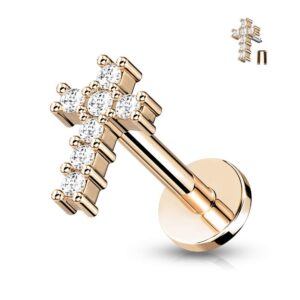 Pierced Owl 16G Stainless Steel Internally Threaded CZ Crystal Paved Cross Top Flat Back Lip Cartilage Stud (Rose Gold Tone, Bar Length: 8mm)