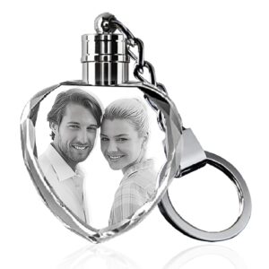 han's laser personalized keychains with led light, mini heart shaped, 3d crystal keychain with your own photo, great memorial gifts