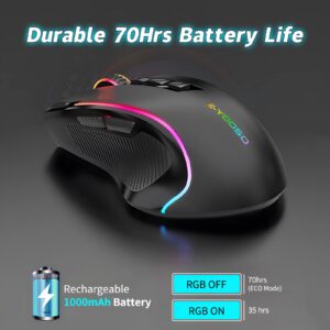 Wireless Gaming Mouse, 8000 DPI Optical Sensor, RGB Backlit, MMO 9 Programmable Buttons, with Macro Recording Side Buttons, Rapid Fire Button, Rechargeable for Mac Windows Computer Gamer, Black